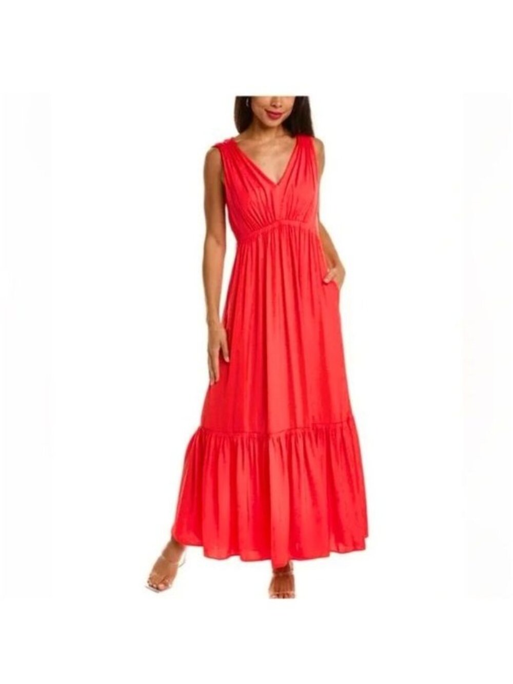 KOBI HALPERIN Almita Coral Flamingo Pink v neck Maxi Dress Large NEW